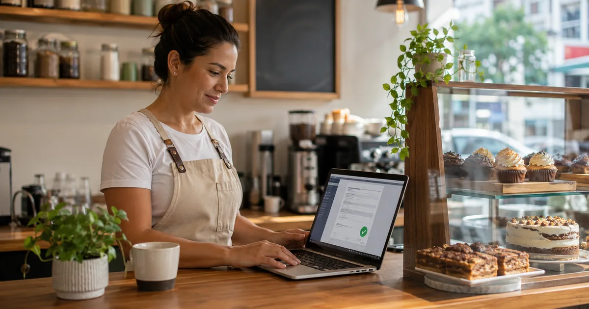 Emprendedora actualizando la actividad económica de su RUC en el portal SRI en Línea desde la laptop de su cafetería