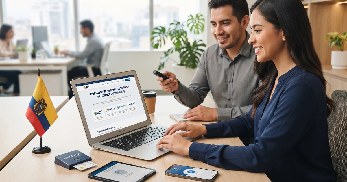 Persona realizando trámite en línea para obtener firma electrónica del Banco Central del Ecuador desde una laptop con cédula y formulario digital