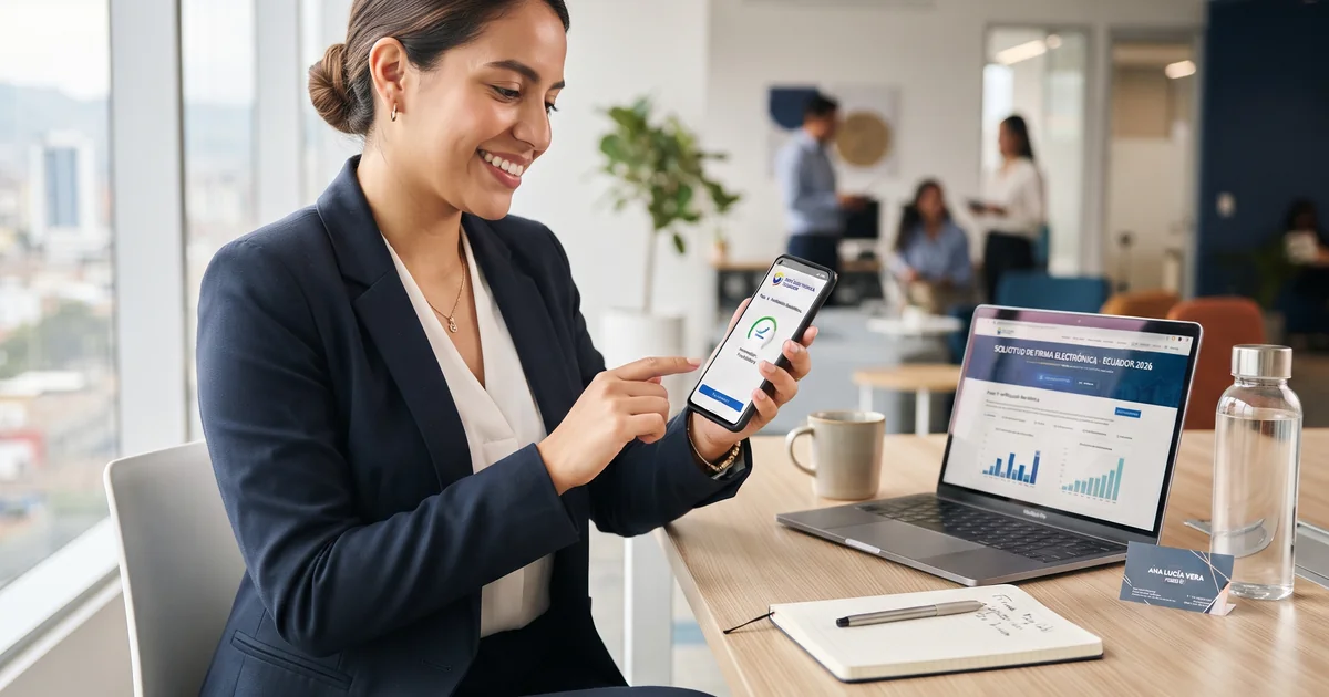 Persona sacando su firma electrónica en línea desde el celular con verificación biométrica en Ecuador