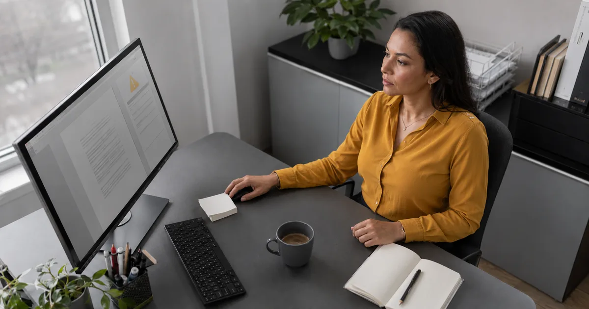 Mujer frente a su monitor con un aviso de advertencia al firmar un documento PDF con firma electrónica
