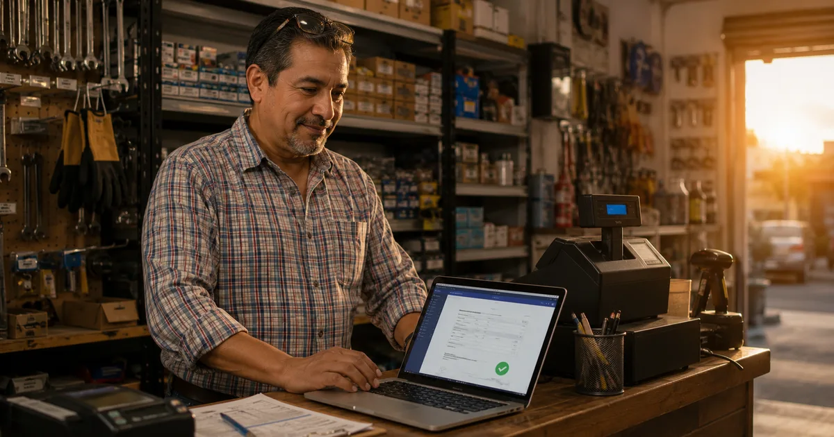 Comerciante emitiendo una factura electrónica del SRI con su firma electrónica desde la laptop de su ferretería