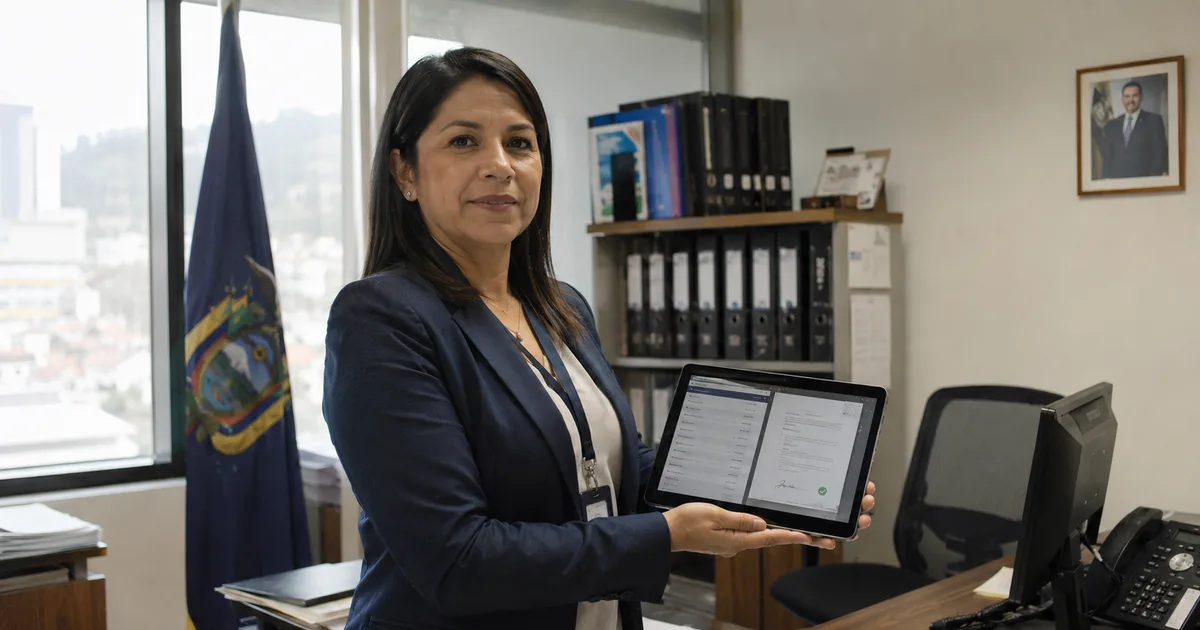 Funcionaria mostrando en una tablet un portal de contratación pública con una oferta firmada electrónicamente
