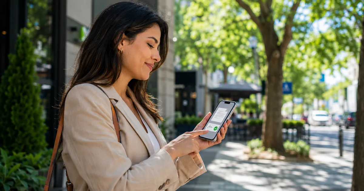 Mujer firmando un documento PDF con FirmaEC desde su celular en la calle