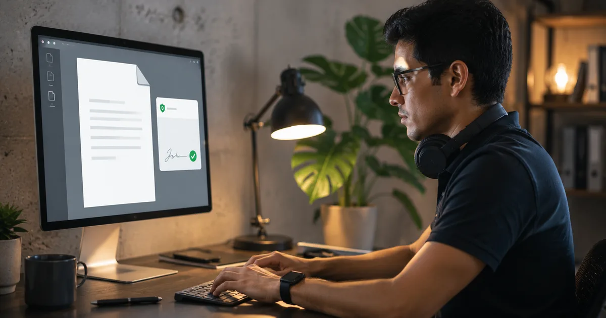Hombre firmando un documento PDF con FirmaEC en su computadora de escritorio con check verde