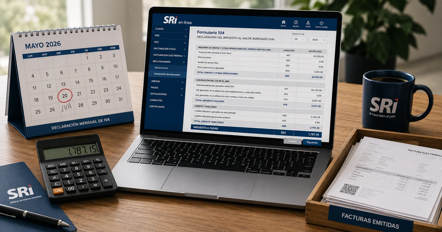 Persona ingresando al portal SRI en Línea desde una laptop para presentar una declaración en cero, con el formulario 104 abierto y una taza de café al lado