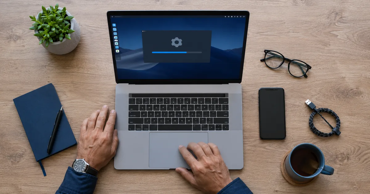 Escritorio visto desde arriba con una laptop mostrando la instalación de FirmaEC en progreso