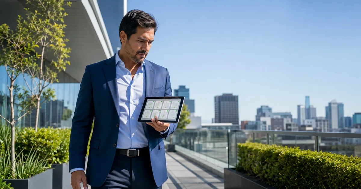 Profesional revisando en su tablet varios documentos firmados electrónicamente para trámites en Ecuador