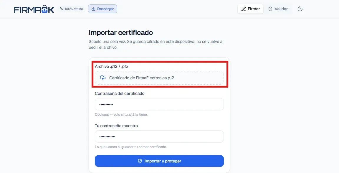 Pantalla «Importar certificado» del firmador de FirmaOK con el selector de archivo .p12 / .pfx resaltado