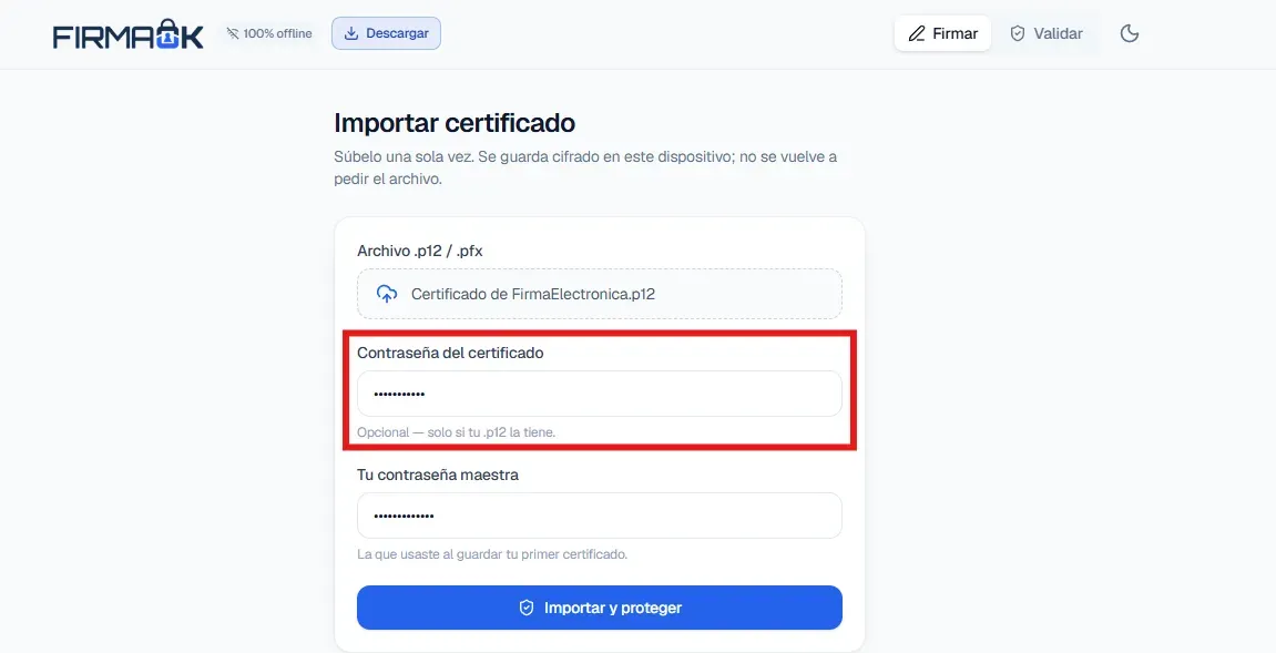 Campo «Contraseña del certificado» resaltado en el firmador de FirmaOK