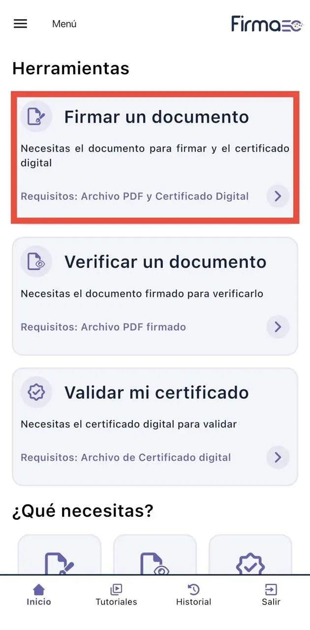 Pantalla Herramientas de FirmaEC Móvil con la opción Firmar un documento resaltada
