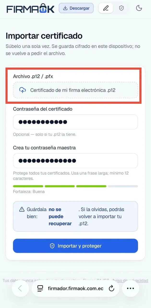 Pantalla «Importar certificado» del firmador de FirmaOK en el celular con el selector de archivo .p12 / .pfx resaltado