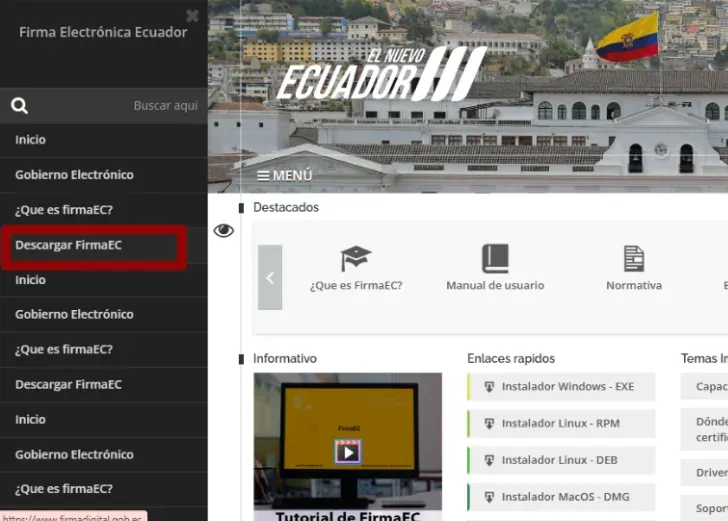 Menú principal de firmadigital.gob.ec con la opción Descargar FirmaEC resaltada