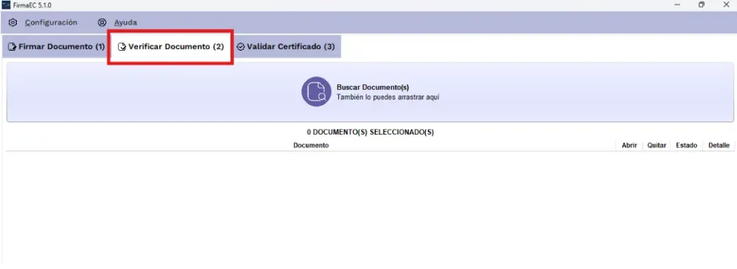 Pestaña Verificar Documento resaltada en la pantalla principal de FirmaEC
