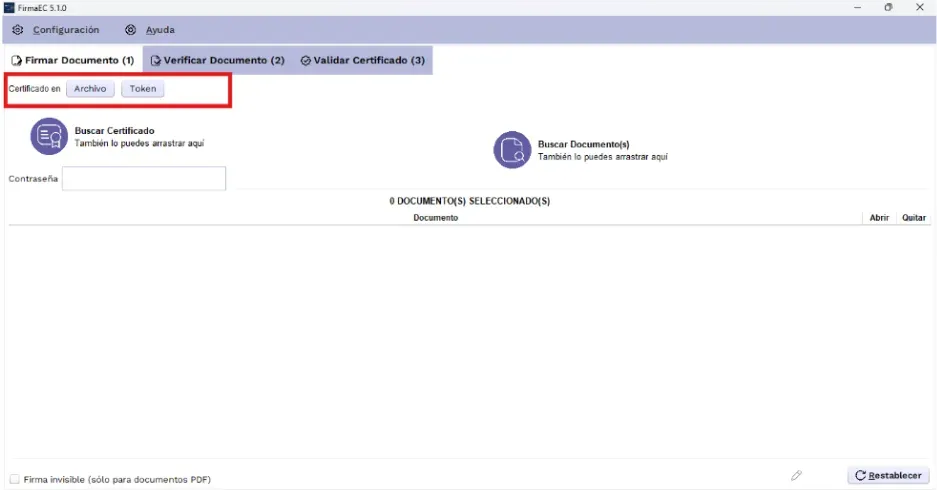 Selección del tipo de certificado en FirmaEC: Archivo o Token