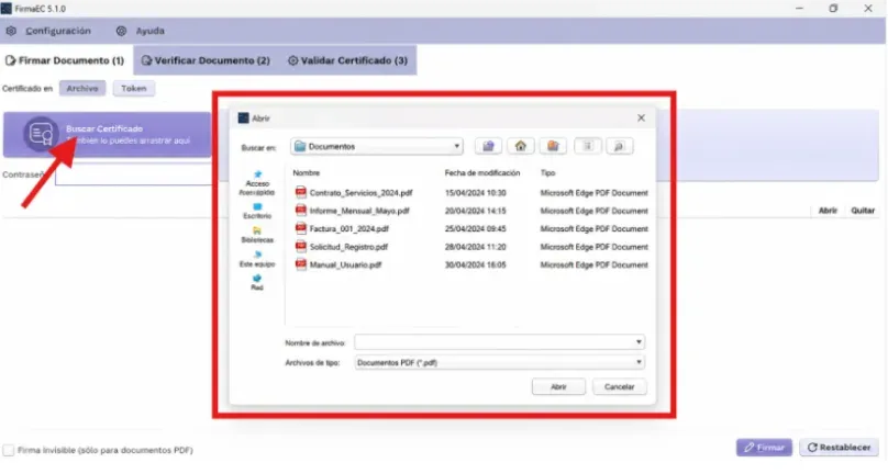 Ventana de FirmaEC para buscar y cargar el certificado digital .p12 o .pfx