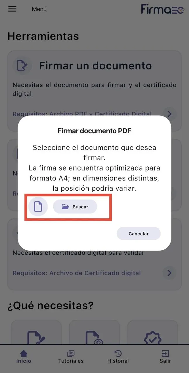 Ventana Firmar documento PDF de FirmaEC Móvil con el botón Buscar resaltado