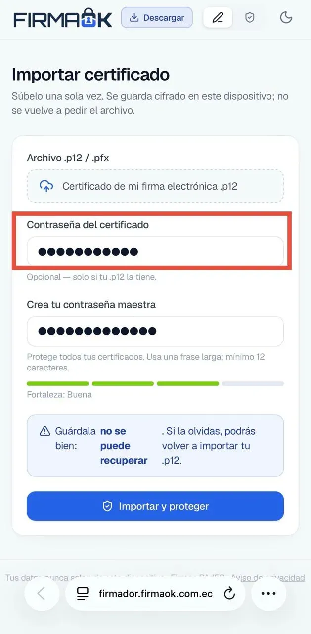 Campo «Contraseña del certificado» resaltado en el firmador de FirmaOK en el celular