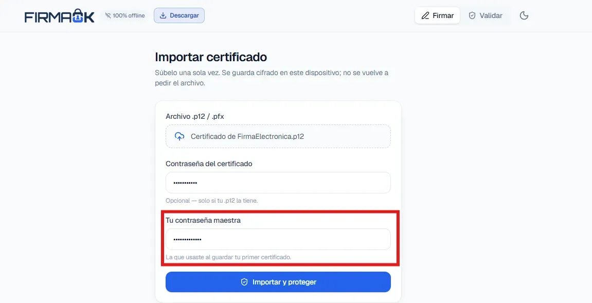 Campo de la contraseña maestra resaltado en el firmador de FirmaOK