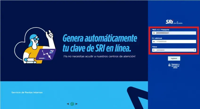 Formulario de inicio de sesión de SRI en Línea con los campos RUC/cédula y clave resaltados