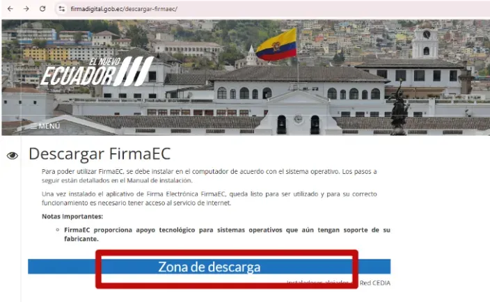 Sección Zona de descarga en la página Descargar FirmaEC del sitio oficial