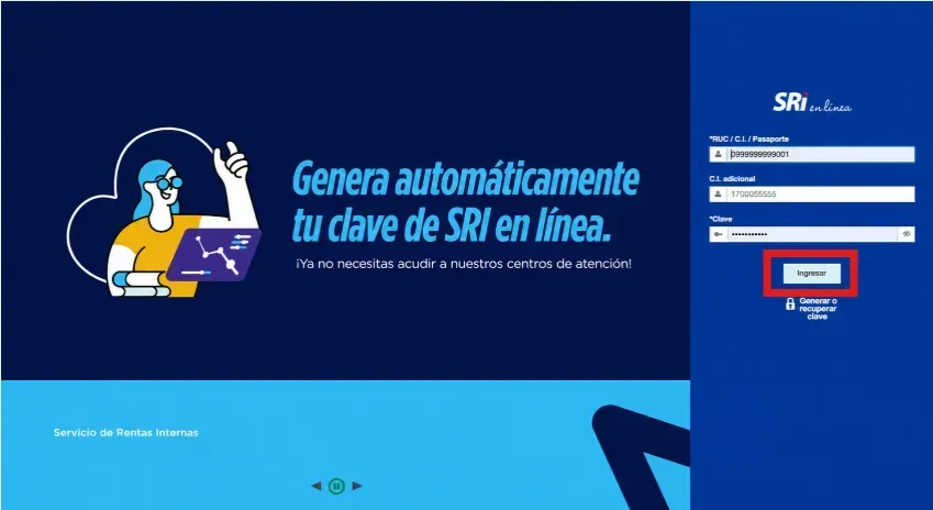 Formulario de inicio de sesión de SRI en Línea con el botón Ingresar resaltado