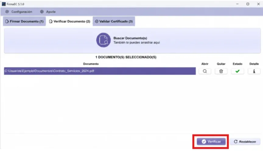 Botón Verificar resaltado en la parte inferior derecha de FirmaEC