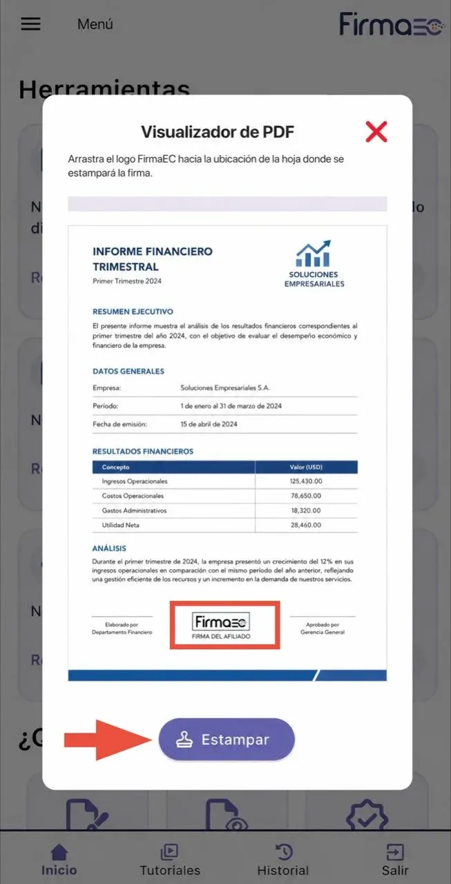 Visualizador de PDF de FirmaEC Móvil con el sello de firma y el botón Estampar