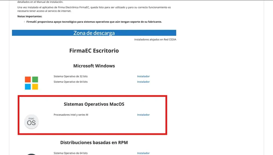 Zona de descarga con la sección Sistemas Operativos MacOS resaltada