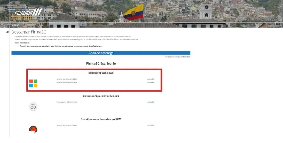 Zona de descarga de FirmaEC Escritorio con los instaladores de Microsoft Windows resaltados
