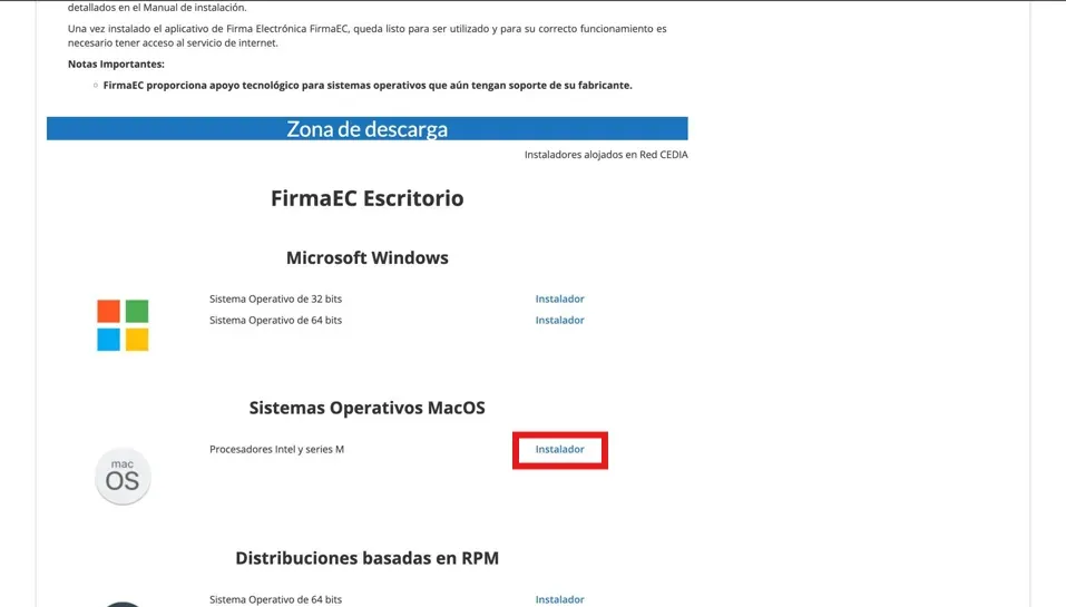 Enlace Instalador de macOS resaltado en la Zona de descarga