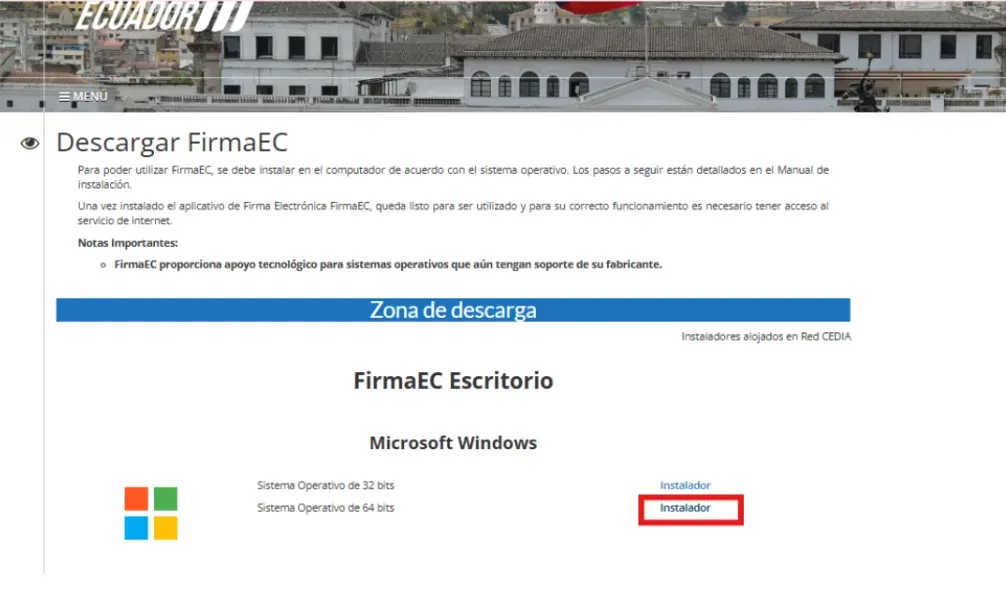 Enlace Instalador de la versión de 64 bits resaltado en la Zona de descarga de FirmaEC