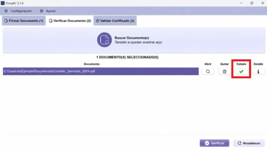 Columna Estado de FirmaEC mostrando el check verde de firma válida