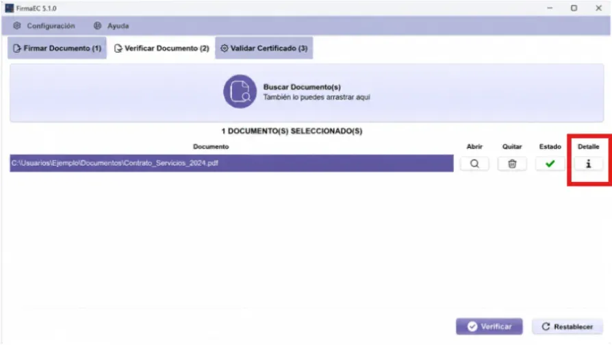 Botón Detalle con ícono de información resaltado en FirmaEC