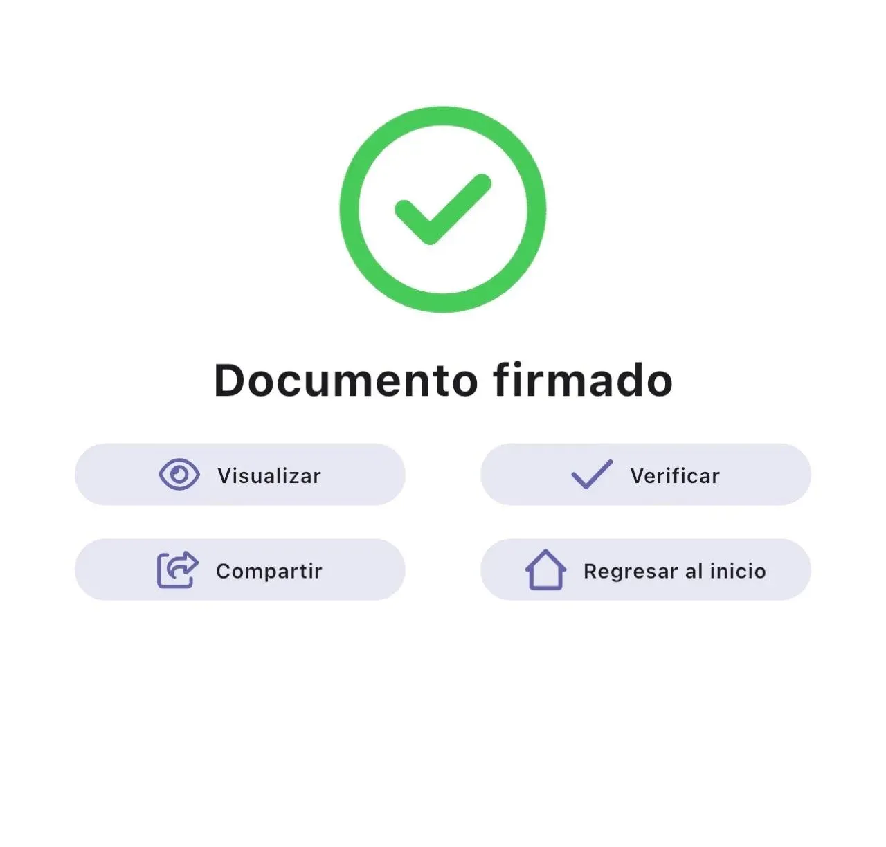 Pantalla Documento firmado de FirmaEC Móvil con opciones de visualizar, verificar y compartir