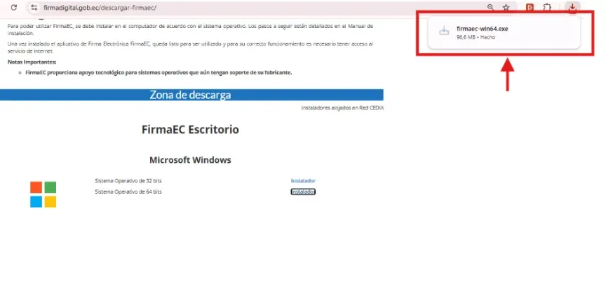 Descarga del instalador firmaec-win64.exe completada en el navegador