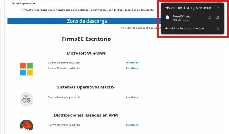 Descarga del archivo FirmaEC.dmg completada en el navegador