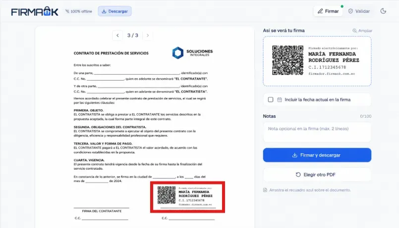 Sello de la firma electrónica estampado sobre un contrato en el firmador de FirmaOK, con la vista previa «Así se verá tu firma»