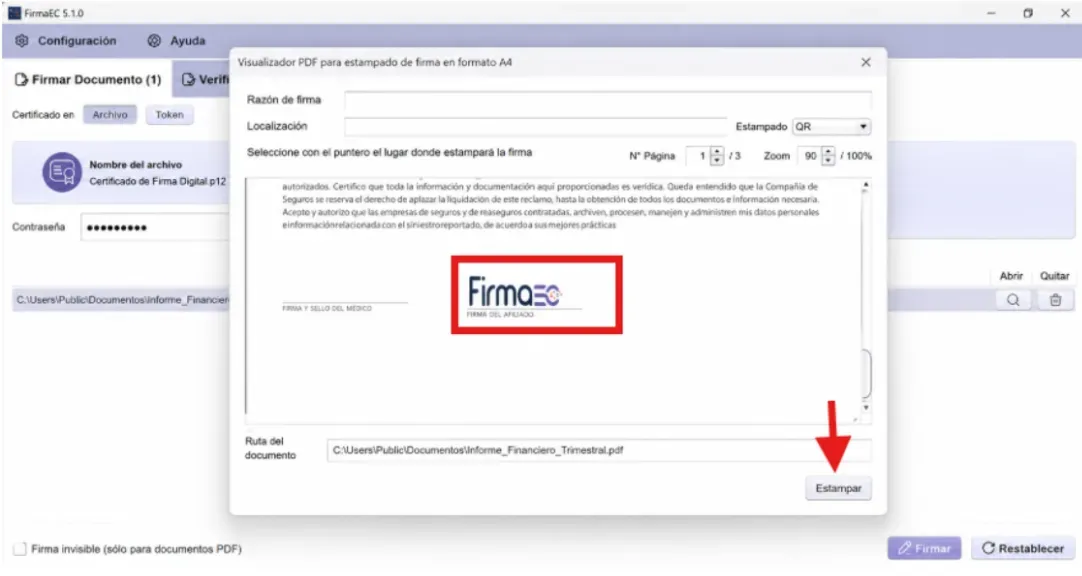 Visualizador de FirmaEC para estampar la firma en el PDF, con campos Razón de firma y Localización