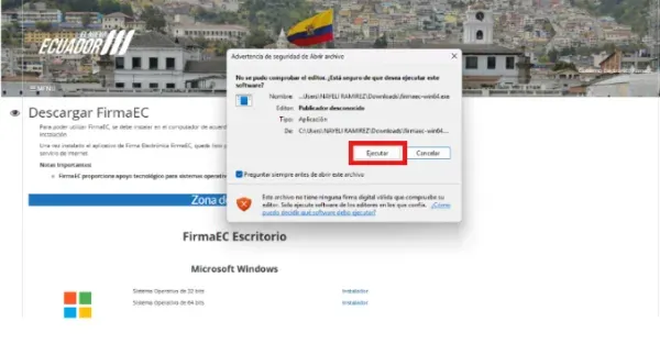 Advertencia de seguridad de Windows con el botón Ejecutar resaltado para instalar FirmaEC
