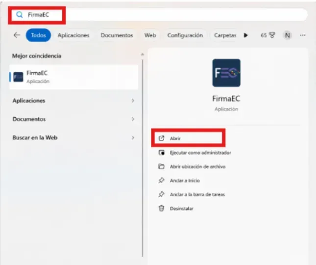 Buscador de Windows mostrando la aplicación FirmaEC con la opción Abrir