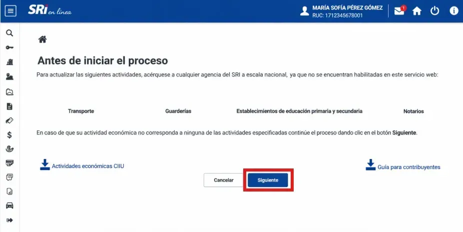 Pantalla Antes de iniciar el proceso de SRI en Línea con el botón Siguiente resaltado