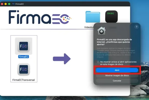 Aviso de macOS de aplicación descargada de internet con el botón Abrir resaltado