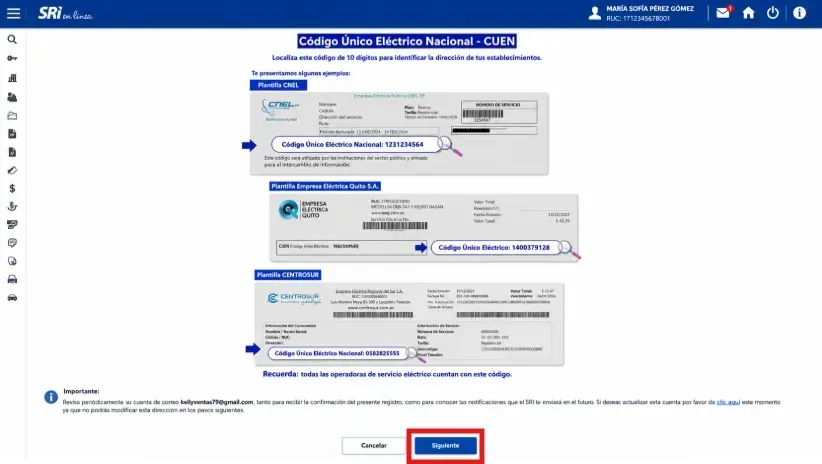 Pantalla del Código Único Eléctrico Nacional CUEN con ejemplos de planillas eléctricas y el botón Siguiente resaltado