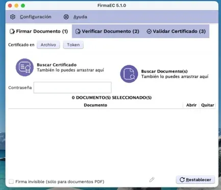 Pantalla principal de FirmaEC instalada en macOS con las pestañas Firmar, Verificar y Validar