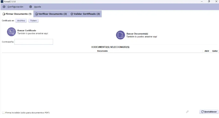 Pantalla principal de FirmaEC de escritorio recién instalada y lista para firmar