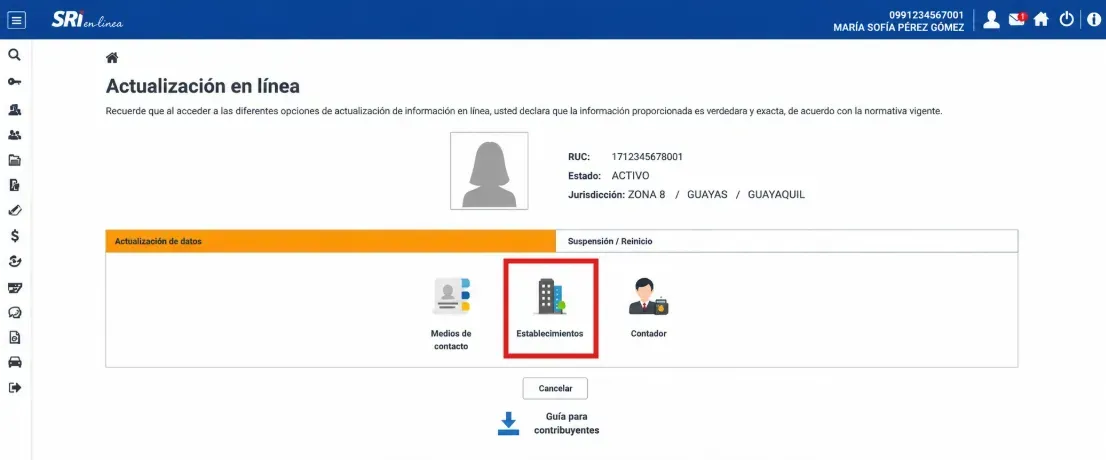 Pantalla Actualización en línea de SRI en Línea con la opción Establecimientos resaltada