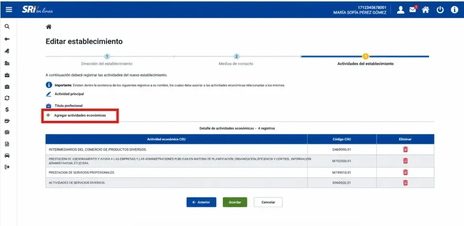 Pantalla Editar establecimiento con la opción Agregar actividades económicas resaltada