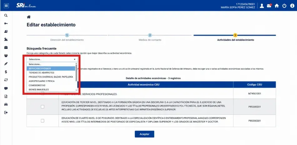 Desplegable de categorías de actividad económica en la pantalla Editar establecimiento de SRI en Línea