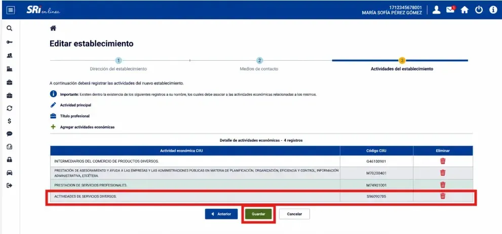 Detalle de actividades económicas con la nueva actividad agregada y el botón Guardar resaltado