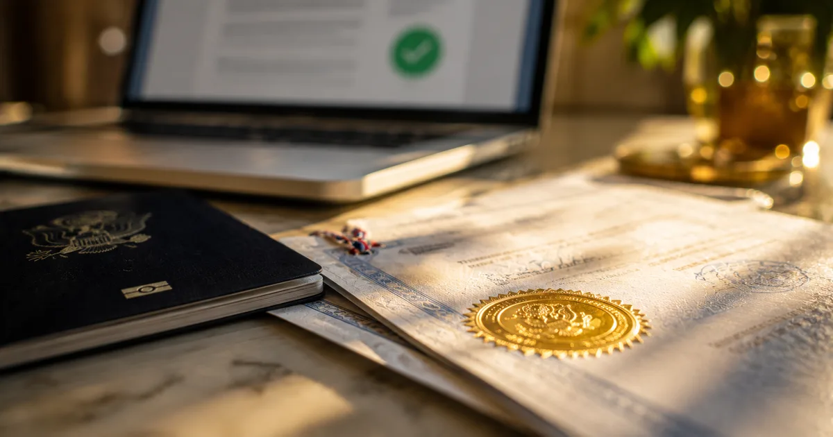 Pasaporte y documentos apostillados con sello dorado junto a una laptop con un documento firmado electrónicamente